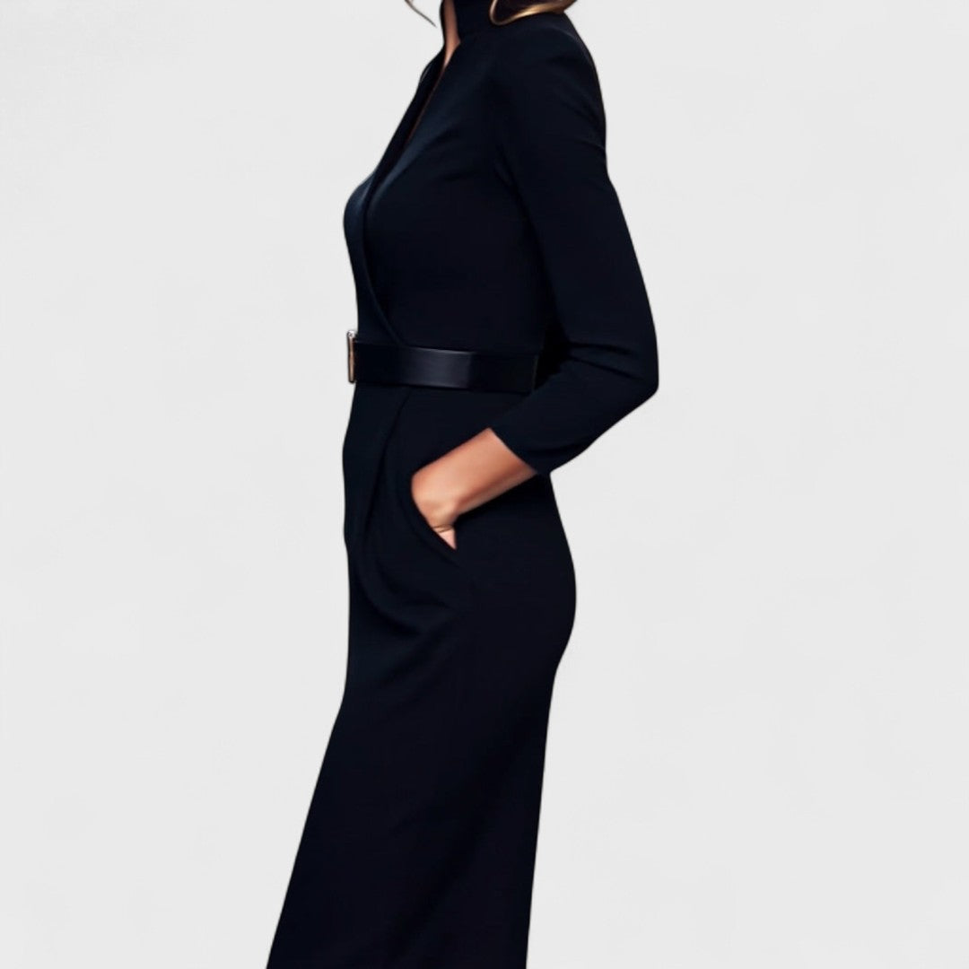 Arden Lane | Elegant Dress with Belt and Stand-Up Collar