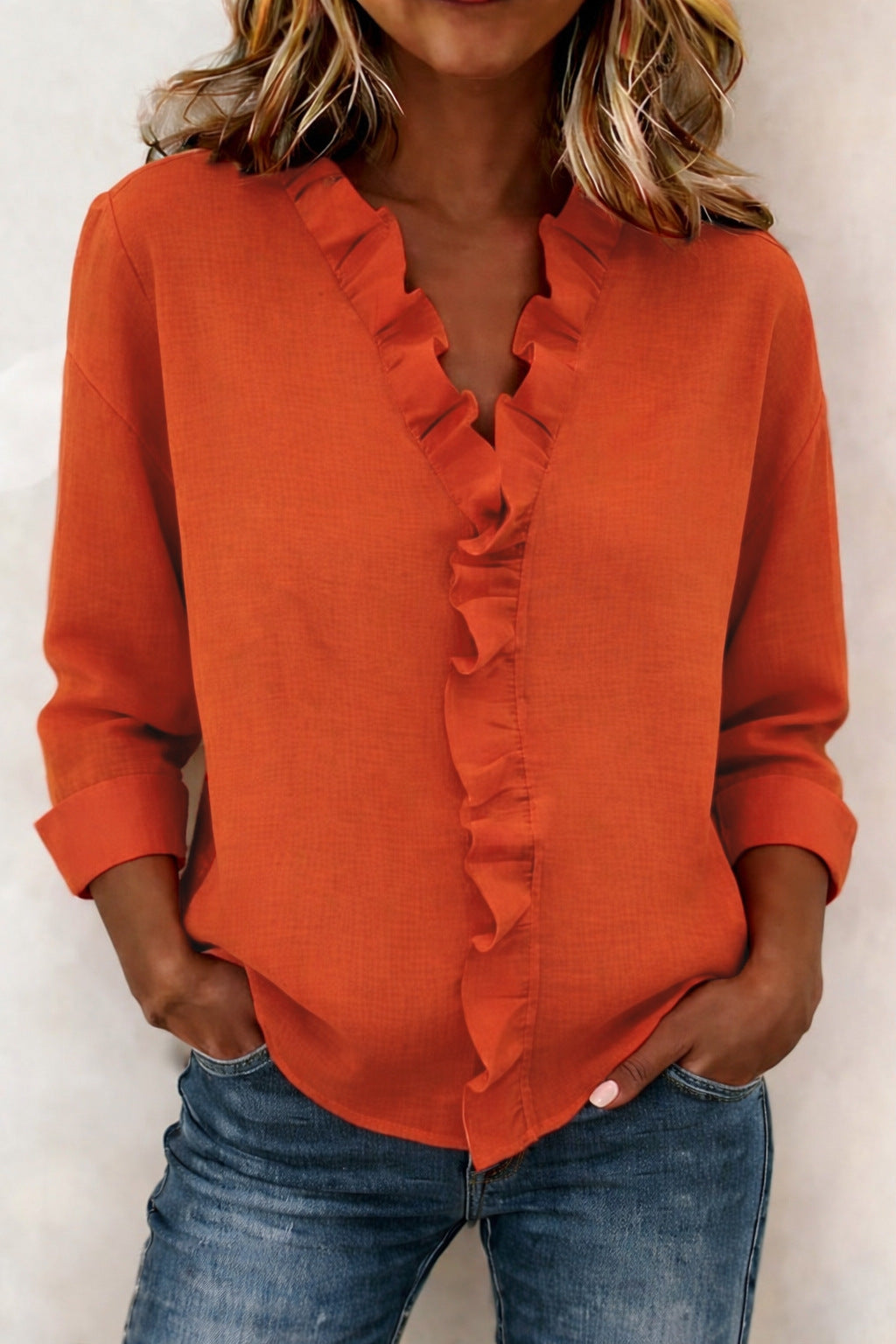 Indie | Blouse with Ruffles, V-Neck and Long Sleeves