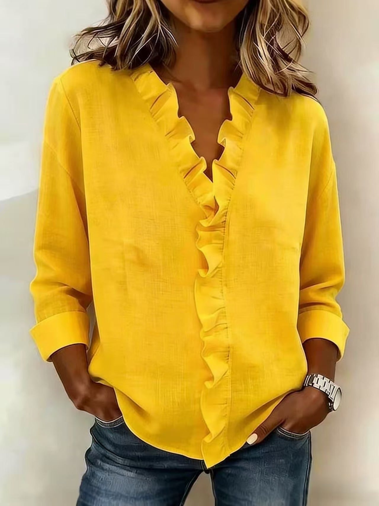 Indie | Blouse with Ruffles, V-Neck and Long Sleeves