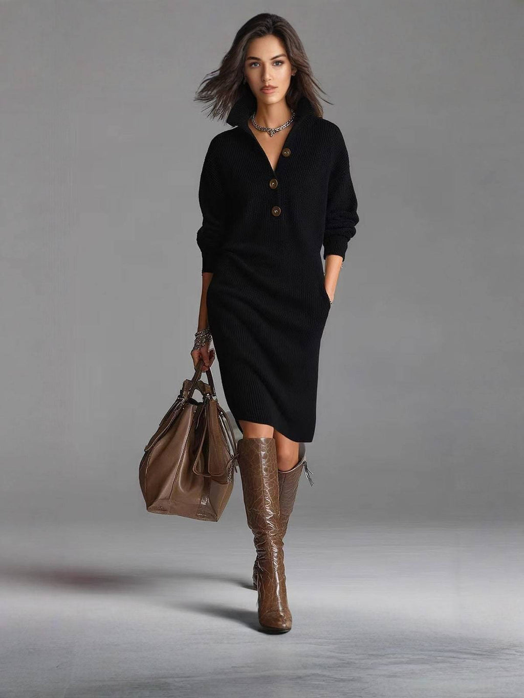 Arden Lane | Elegant Button-Up Sweater Dress