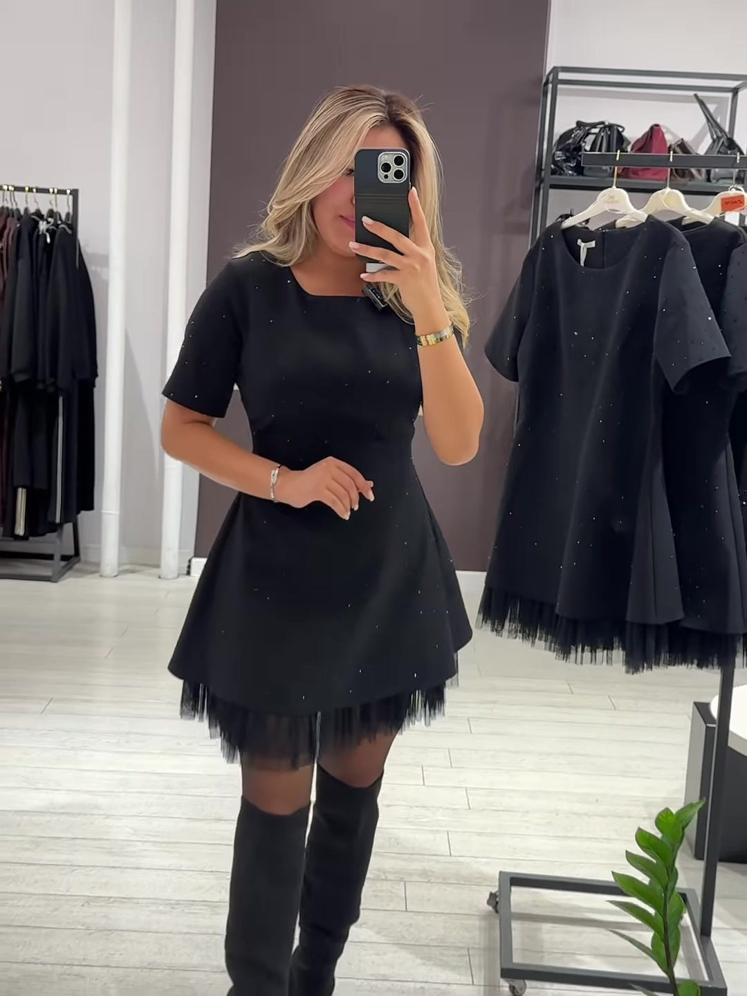 Elegant round neck sparkling rhinestone dress