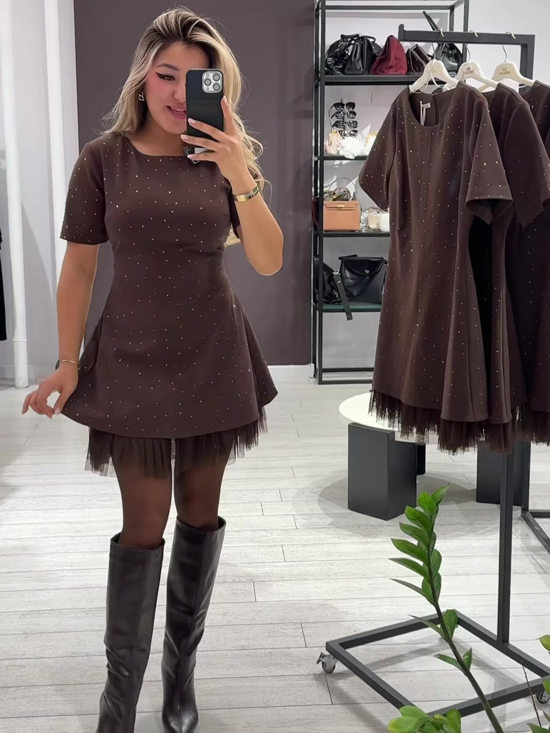 Elegant round neck sparkling rhinestone dress