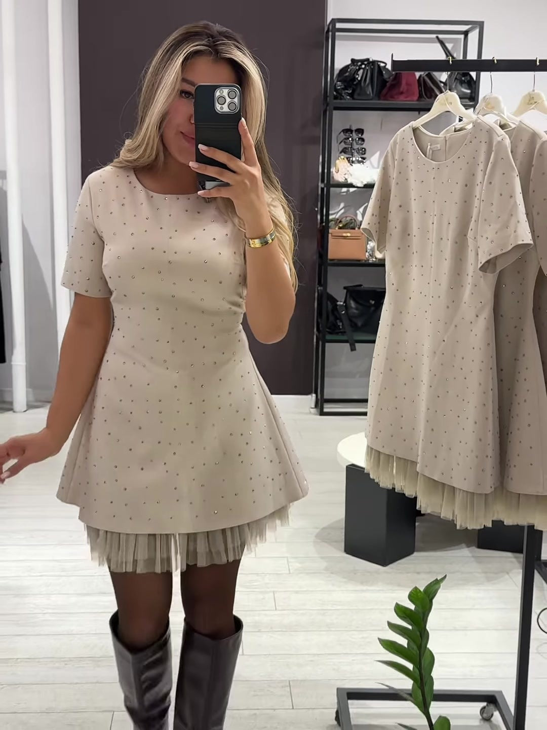 Elegant round neck sparkling rhinestone dress