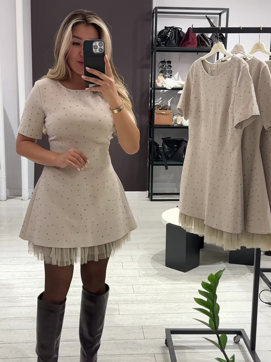 Elegant round neck sparkling rhinestone dress