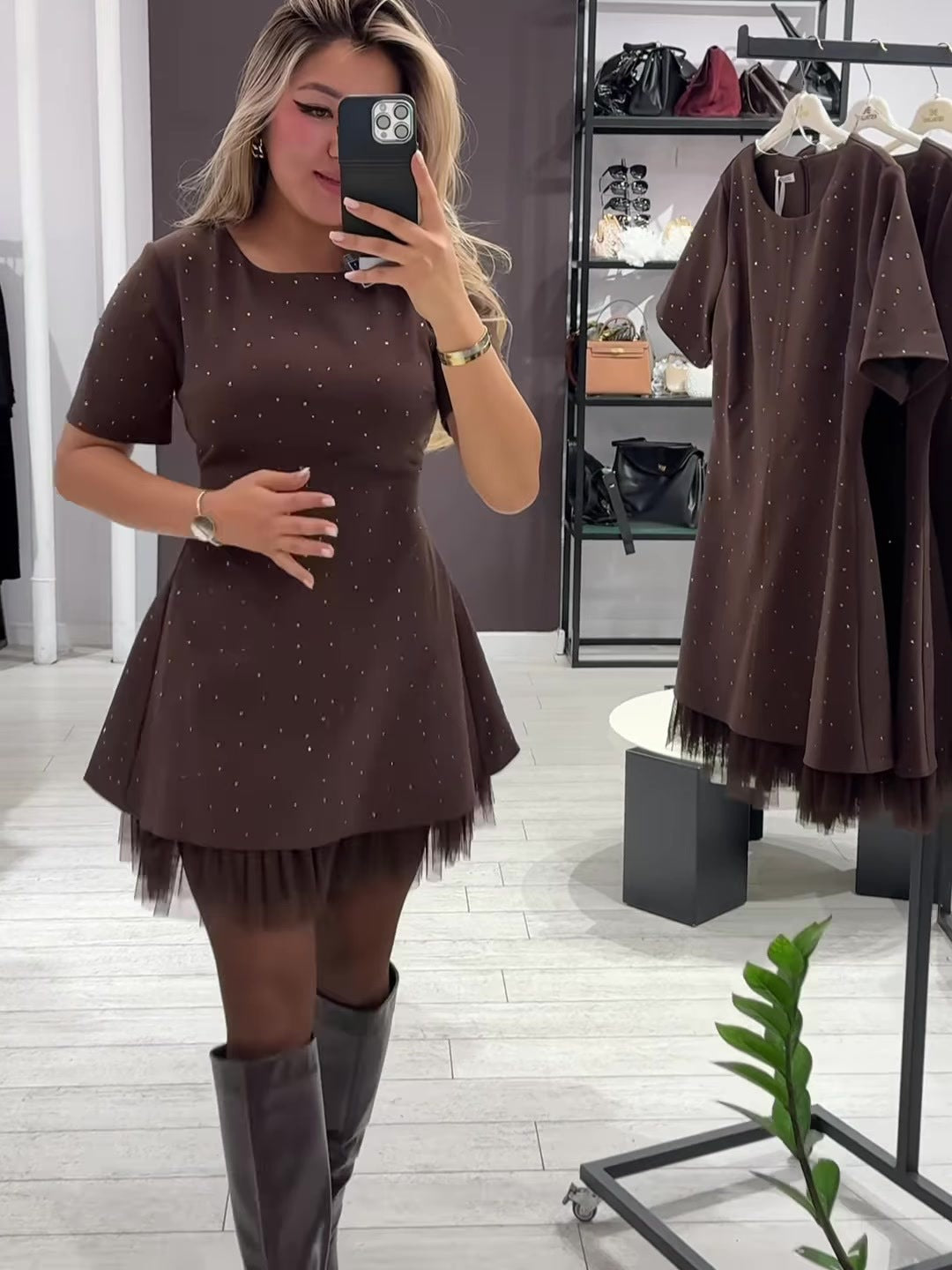 Elegant round neck sparkling rhinestone dress